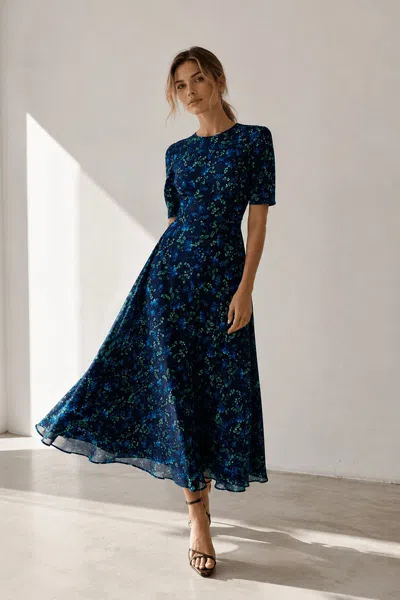 Post Meridiem Women's Blue Navy Short Sleeve Floral Midi Dress