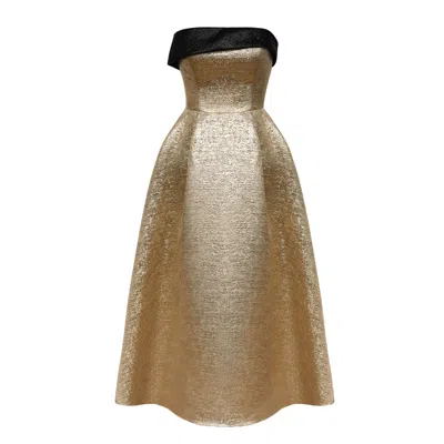 Post Meridiem Women's Gold Jacquard Midi Dress With Turn-up