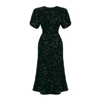 Post Meridiem Women's Green Emerald Decorated Velvet Puff Sleeve Midi Dress In Black