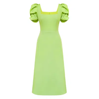 Post Meridiem Square-neck Puff-sleeve Midi Dress In Green