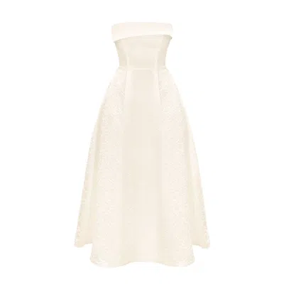 Post Meridiem Women's White Ecru Jacquard Midi Dress With Satin Turn-up