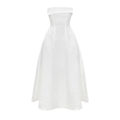 Post Meridiem Women's White Jacquard Midi Dress With Satin Turn-up