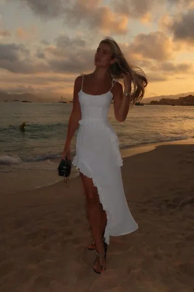 Post Meridiem Women's White Midi Dress With Ruffle On The Side & Waist