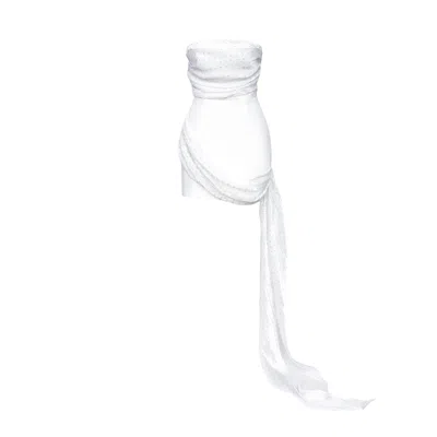 Post Meridiem Women's White Mini Dress With Train & Rhinestone Detail