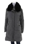 Postcard Womens Fur Trimmed Collared Zipped Snap Button Puffer Coat Gray In Gray