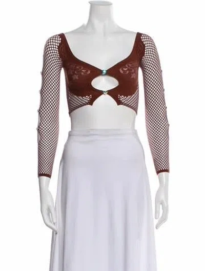 Pre-owned Poster Girl Graphic Print V-neck Crop Top In Brown