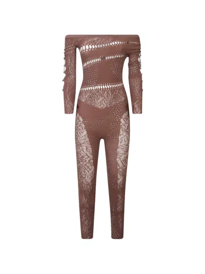 Poster Girl Off-shoulder Lace Jumpsuit In Brown