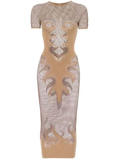 Poster Girl Beige Peachy Fishnet Bodycon Maxi Dress In Gilded Beige