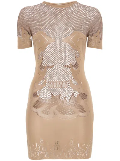 Poster Girl Beige Pin Up Fishnet Bodycon Minidress In Gilded Beige