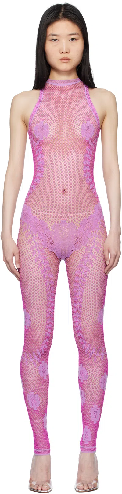 Poster Girl Purple Fetch Halterneck Fishnet Jumpsuit In Lilac