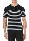 Postmarc 3-button Striped Knit Polo Shirt In Navy/off White