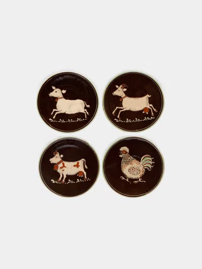 Poterie D’évires Animals Hand-painted Ceramic Dessert Plates (set Of 4) In Animal Print