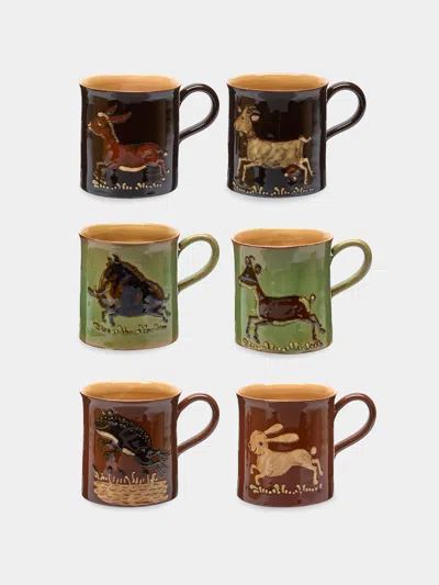 Poterie D’évires Poterie D'évires Animals Hand-painted Ceramic Mugs (set Of 6) In Multi