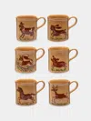Poterie D’évires Poterie D'évires Animals Hand-painted Ceramic Mugs (set Of 6) In Brown