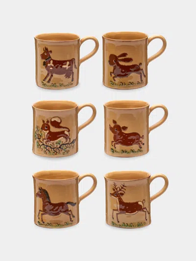 Poterie D’évires Poterie D'évires Animals Hand-painted Ceramic Mugs (set Of 6) In Brown