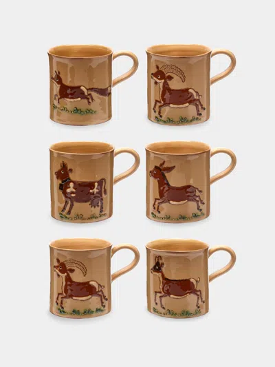 Poterie D’évires Poterie D'évires Animals Hand-painted Ceramic Mugs (set Of 6) In Brown