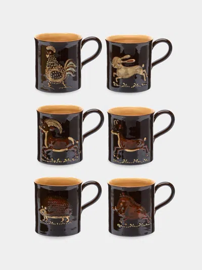 Poterie D’évires Poterie D'évires Animals Hand-painted Ceramic Mugs (set Of 6) In Multi