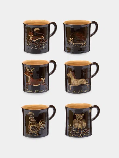 Poterie D’évires Poterie D'évires Animals Hand-painted Ceramic Mugs (set Of 6) In Multi