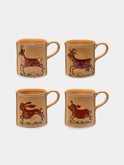 Poterie D’évires Poterie D'évires Animals Hand-painted Ceramic Mugs (set Of 6) In Brown