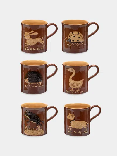 Poterie D’évires Poterie D'évires Animals Hand-painted Ceramic Mugs (set Of 6) In Multi