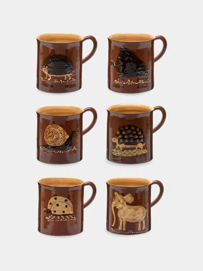Poterie D’évires Poterie D'évires Animals Hand-painted Ceramic Mugs (set Of 6) In Multi