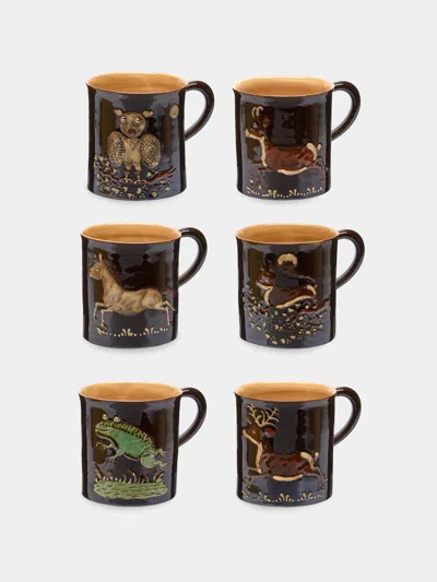 Poterie D’évires Poterie D'évires Animals Hand-painted Ceramic Mugs (set Of 6) In Multi