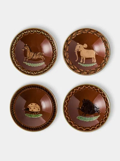 Poterie D’évires Poterie D'évires Animals Hand-painted Ceramic Breakfast Bowls (set Of 4) In Brown