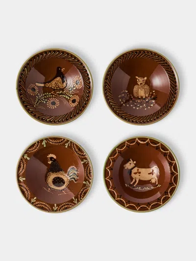Poterie D’évires Poterie D'évires Animals Hand-painted Ceramic Breakfast Bowls (set Of 4) In Brown