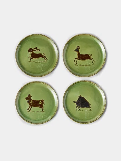 Poterie D’évires Poterie D'évires Animals Hand-painted Ceramic Dinner Plates - 9.5in/24cm (set Of 4) In Green