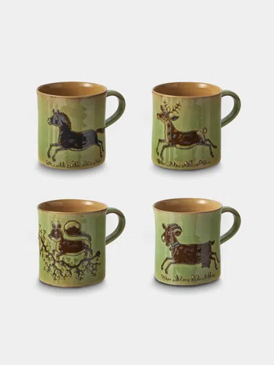 Poterie D’évires Poterie D'évires Animals Hand-painted Ceramic Mugs (set Of 4) In Green
