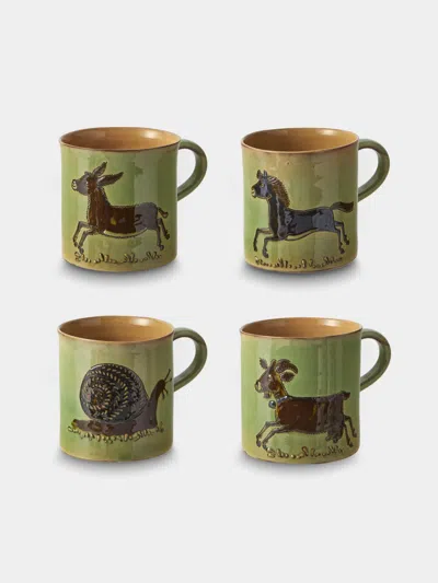 Poterie D’évires Poterie D'évires Animals Hand-painted Ceramic Mugs (set Of 4) In Green