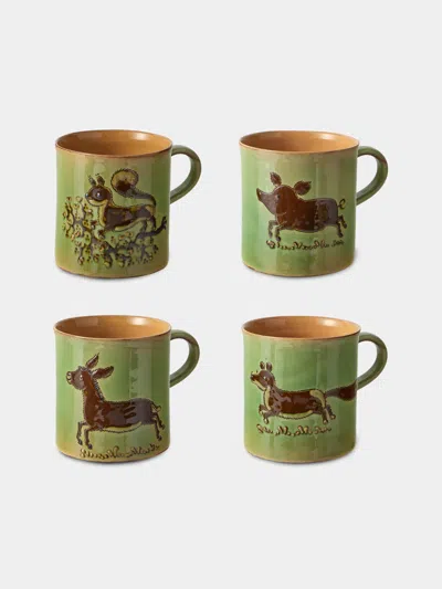 Poterie D’évires Poterie D'évires Animals Hand-painted Ceramic Mugs (set Of 4) In Green