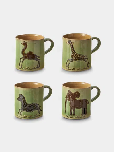 Poterie D’évires Poterie D'évires Animals Hand-painted Ceramic Mugs (set Of 4) In Green