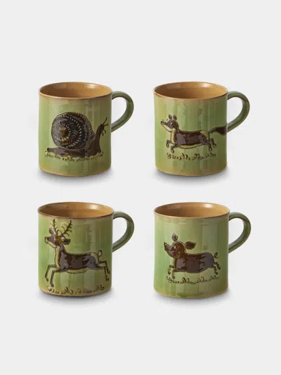 Poterie D’évires Poterie D'évires Animals Hand-painted Ceramic Mugs (set Of 4) In Green
