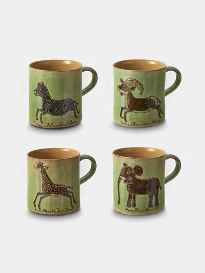 Poterie D’évires Poterie D'évires Animals Hand-painted Ceramic Mugs (set Of 4) In Green