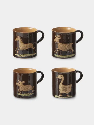 Poterie D’évires Poterie D'évires Animals Hand-painted Ceramic Mugs (set Of 4) In Brown