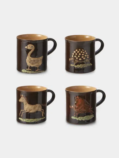 Poterie D’évires Poterie D'évires Animals Hand-painted Ceramic Mugs (set Of 4) In Brown