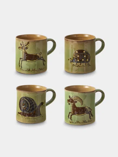 Poterie D’évires Poterie D'évires Animals Hand-painted Ceramic Mugs (set Of 4) In Green
