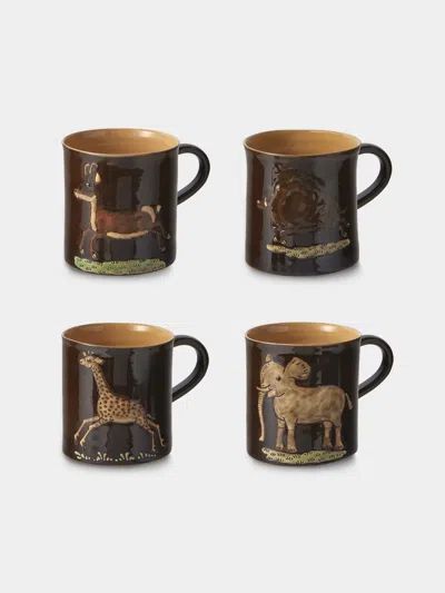 Poterie D’évires Poterie D'évires Animals Hand-painted Ceramic Mugs (set Of 4) In Black