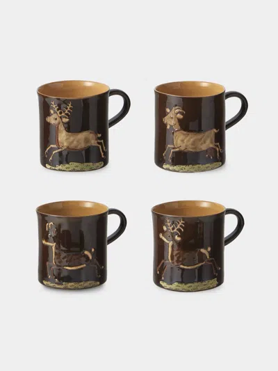Poterie D’évires Poterie D'évires Animals Hand-painted Ceramic Mugs (set Of 4) In Brown