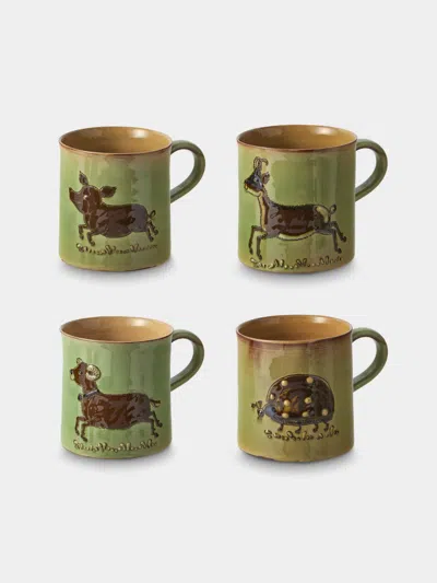 Poterie D’évires Poterie D'évires Animals Hand-painted Ceramic Mugs (set Of 4) In Green