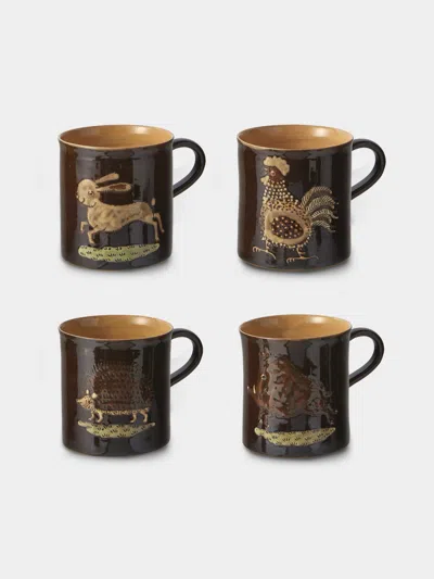 Poterie D’évires Poterie D'évires Animals Hand-painted Ceramic Mugs (set Of 4) In Black
