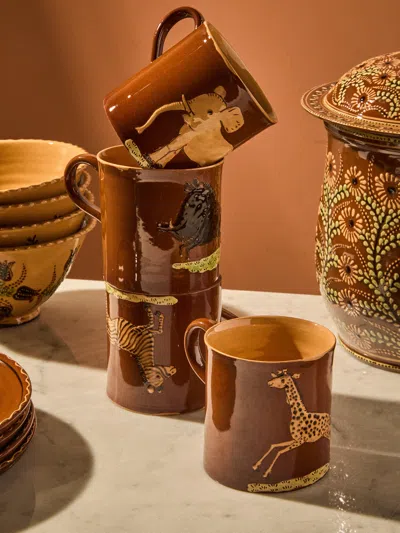 Poterie D’évires Poterie D'évires Animals Hand-painted Ceramic Mugs (set Of 4) In Brown