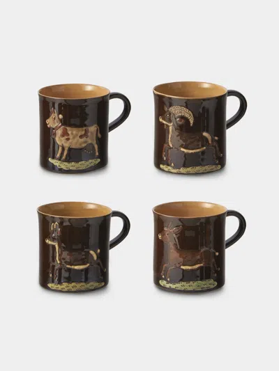 Poterie D’évires Poterie D'évires Animals Hand-painted Ceramic Mugs (set Of 4) In Black