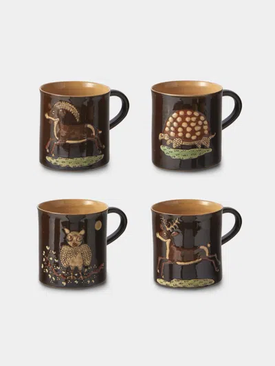 Poterie D’évires Poterie D'évires Animals Hand-painted Ceramic Mugs (set Of 4) In Burgundy