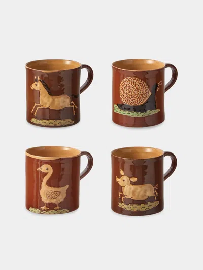Poterie D’évires Poterie D'évires Animals Hand-painted Ceramic Mugs (set Of 4) In Brown