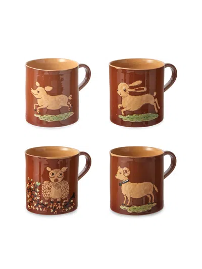 Poterie D’évires Poterie D'évires Animals Hand-painted Ceramic Mugs (set Of 4) In Brown