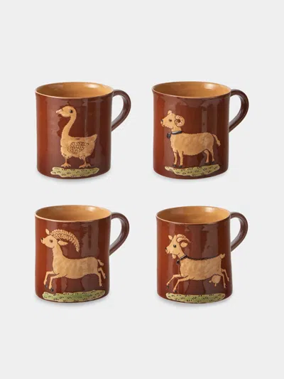 Poterie D’évires Poterie D'évires Animals Hand-painted Ceramic Mugs (set Of 4) In Brown