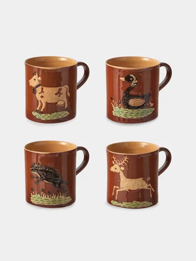 Poterie D’évires Poterie D'évires Animals Hand-painted Ceramic Mugs (set Of 4) In Brown