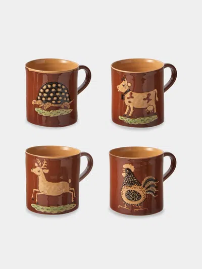 Poterie D’évires Poterie D'évires Animals Hand-painted Ceramic Mugs (set Of 4) In Brown